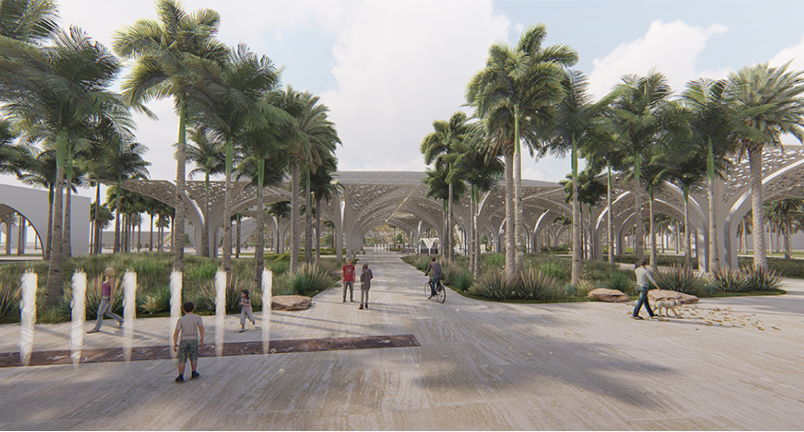 A tranquil walkway at the Oasis of Culture, blending greenery and architecture to inspire community harmony.