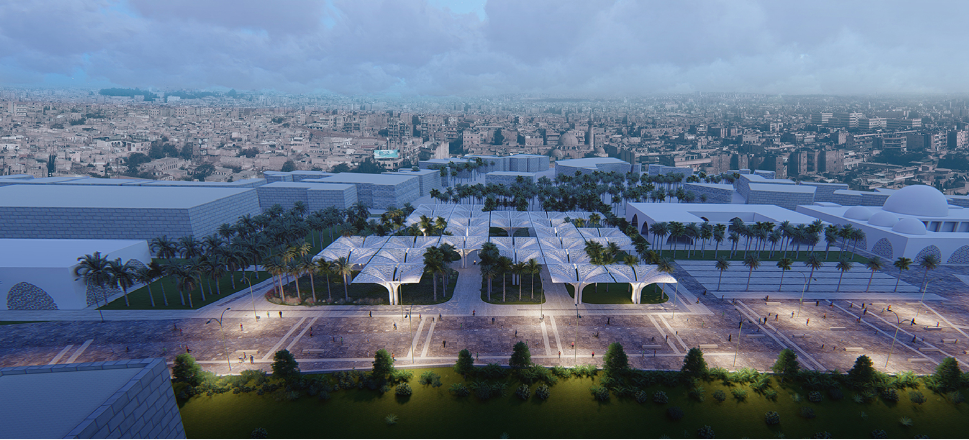 Nightfall at Aleppo's Oasis of Culture: A luminous blend of modern architecture and cultural renewal in the city's heart.