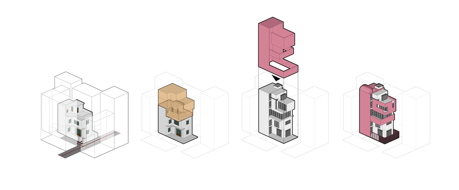 Axonometric diagram showing four stages of volumetric assembly with tan and pink upper volumes