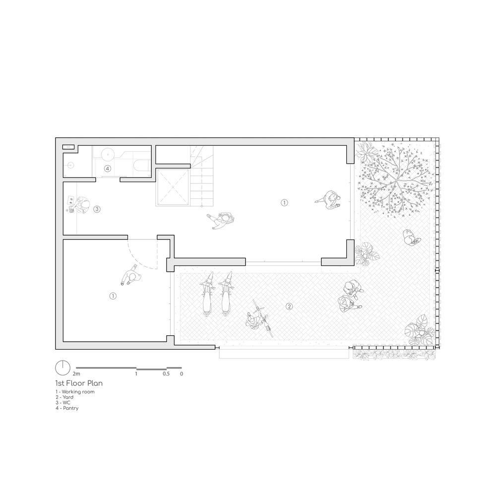 First floor plan drawing with interior rooms and outdoor terrace with tree and figures