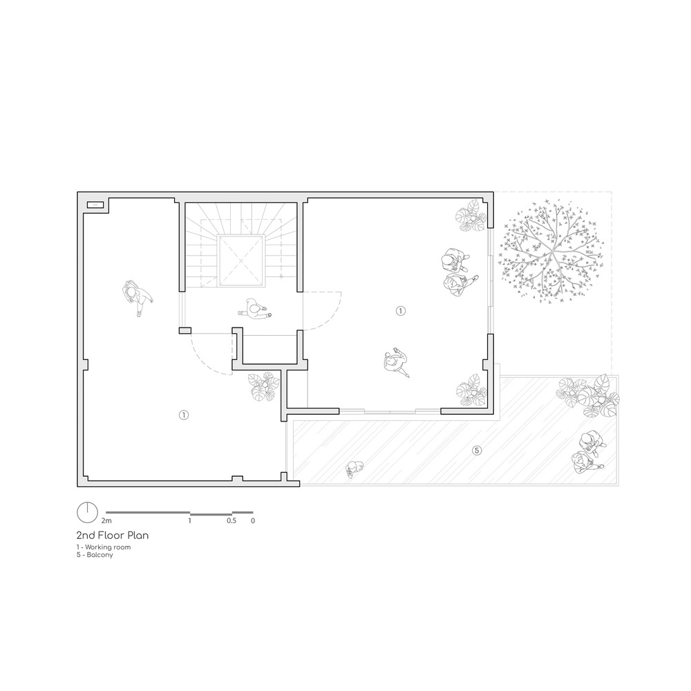 Second floor plan drawing showing central stair void, balcony and rooftop tree planting