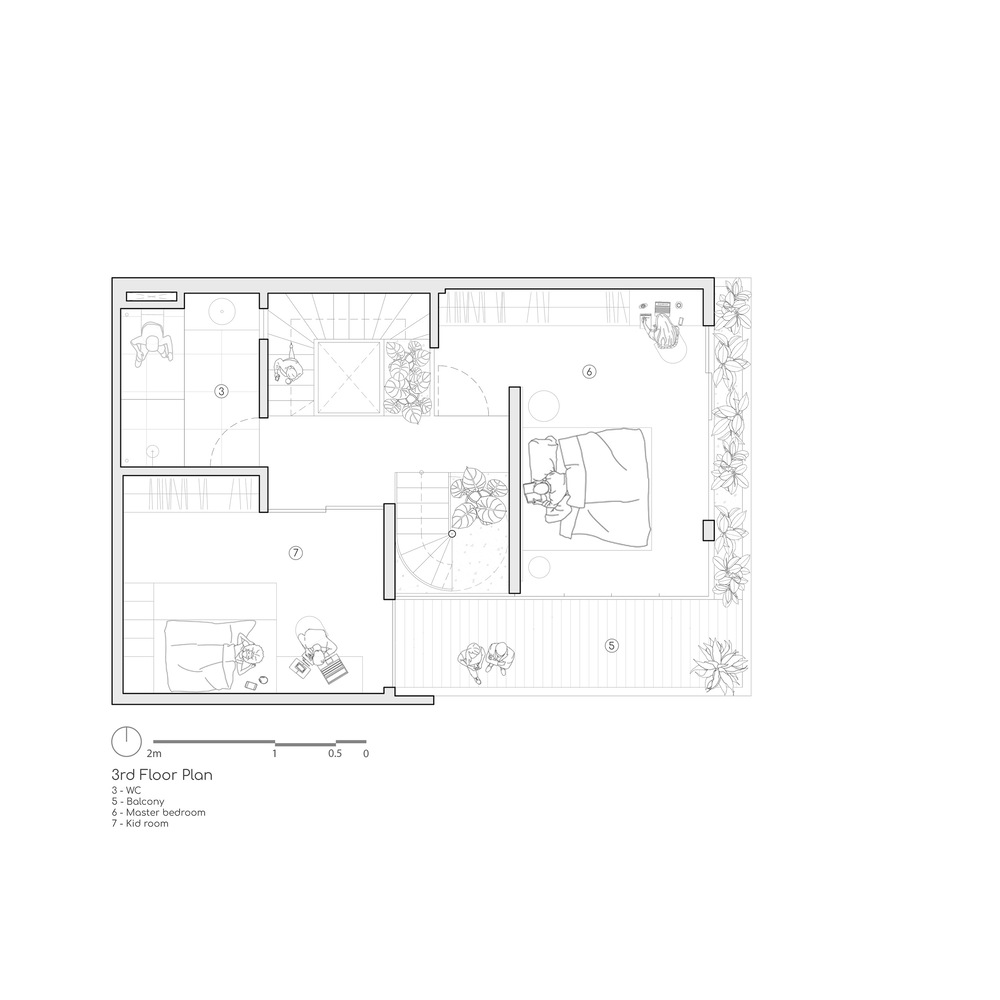 Third floor plan drawing depicting bedrooms with central stair and planted balcony edge