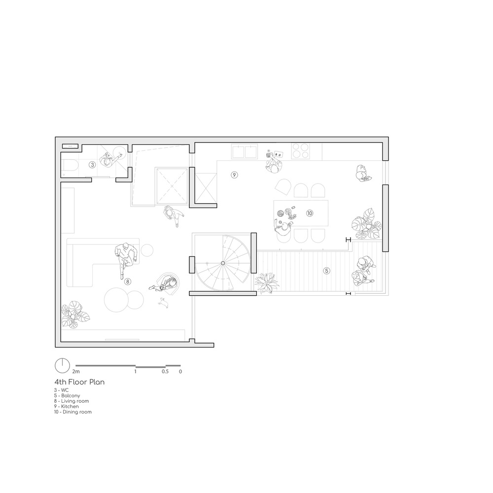 Fourth floor plan drawing showing living spaces arranged around a central spiral staircase with plants scattered throughout
