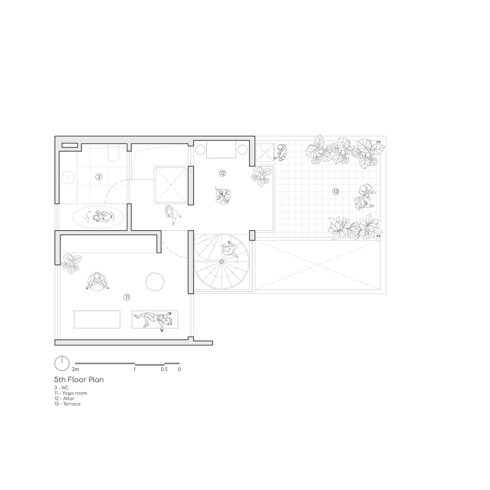 Fifth floor plan drawing depicting a bedroom and terrace with planted perimeter and central stair