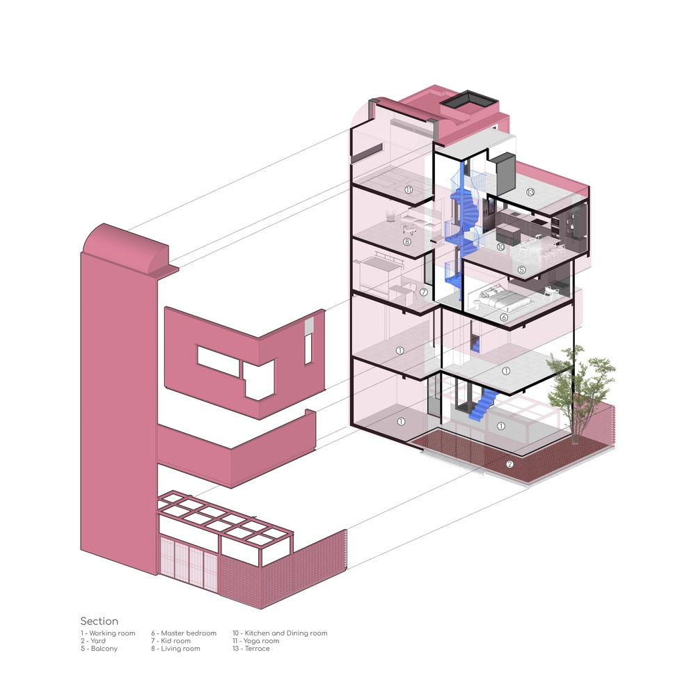 Axonometric section drawing revealing five stacked floors in pink and white with a central blue void
