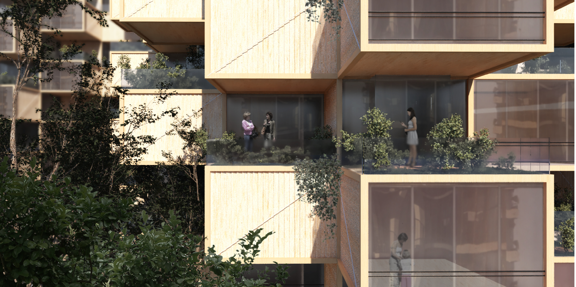 Close-up view of private balconies surrounded by lush greenery, offering personal retreats within the community-focused structure.