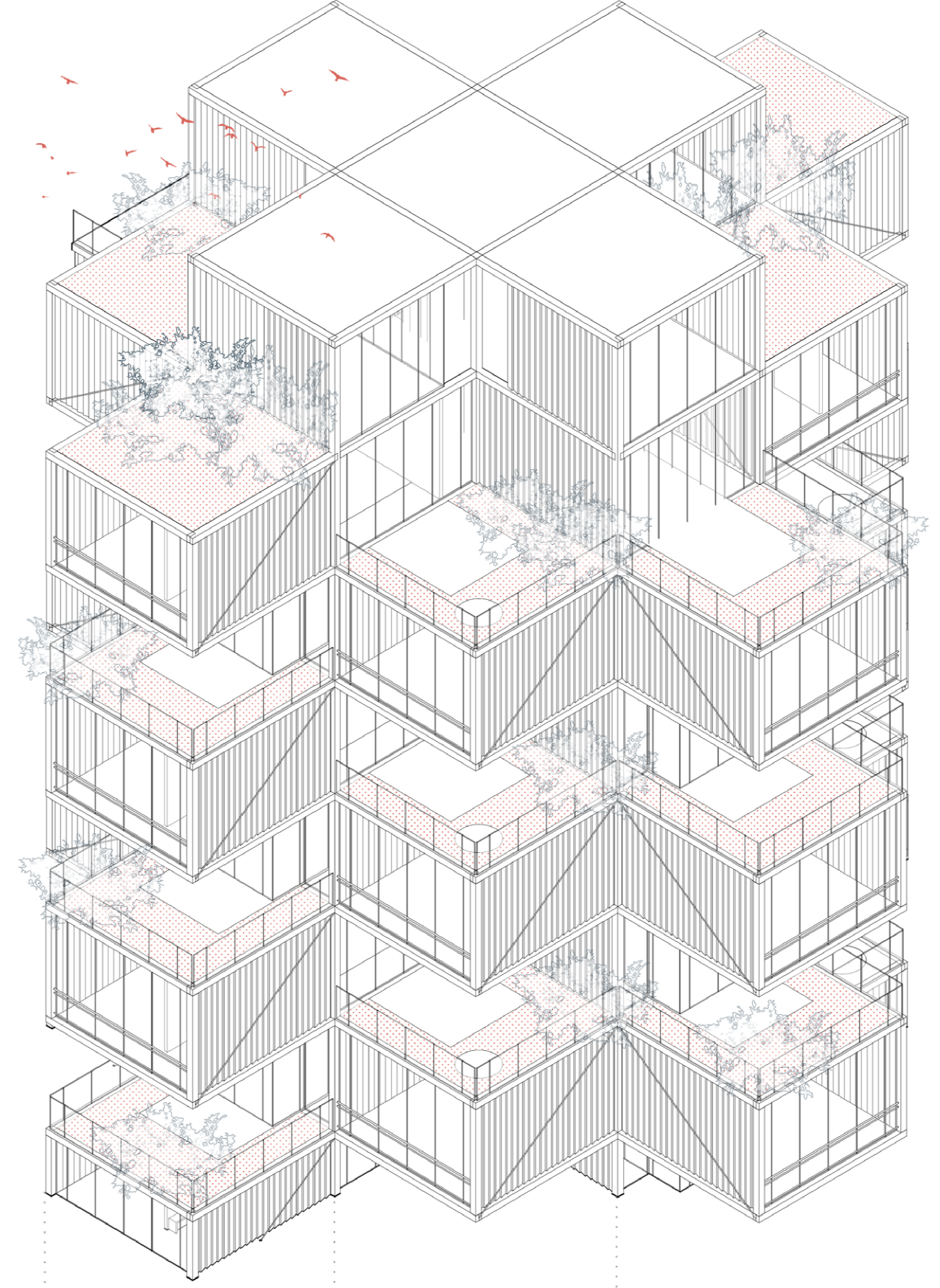 Stacked volumetric design of Hustle Hub exemplifies architectural innovation, balancing high density with sustainability and livability.
