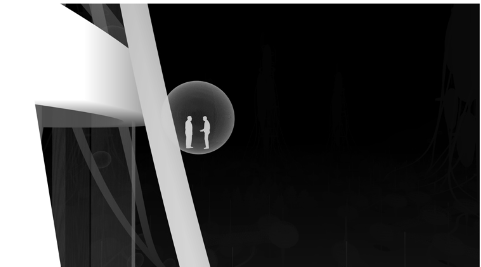 A futuristic bubble enclosure fostering intimate dialogues, symbolizing human connection within the Anti-Pelago's modular design.