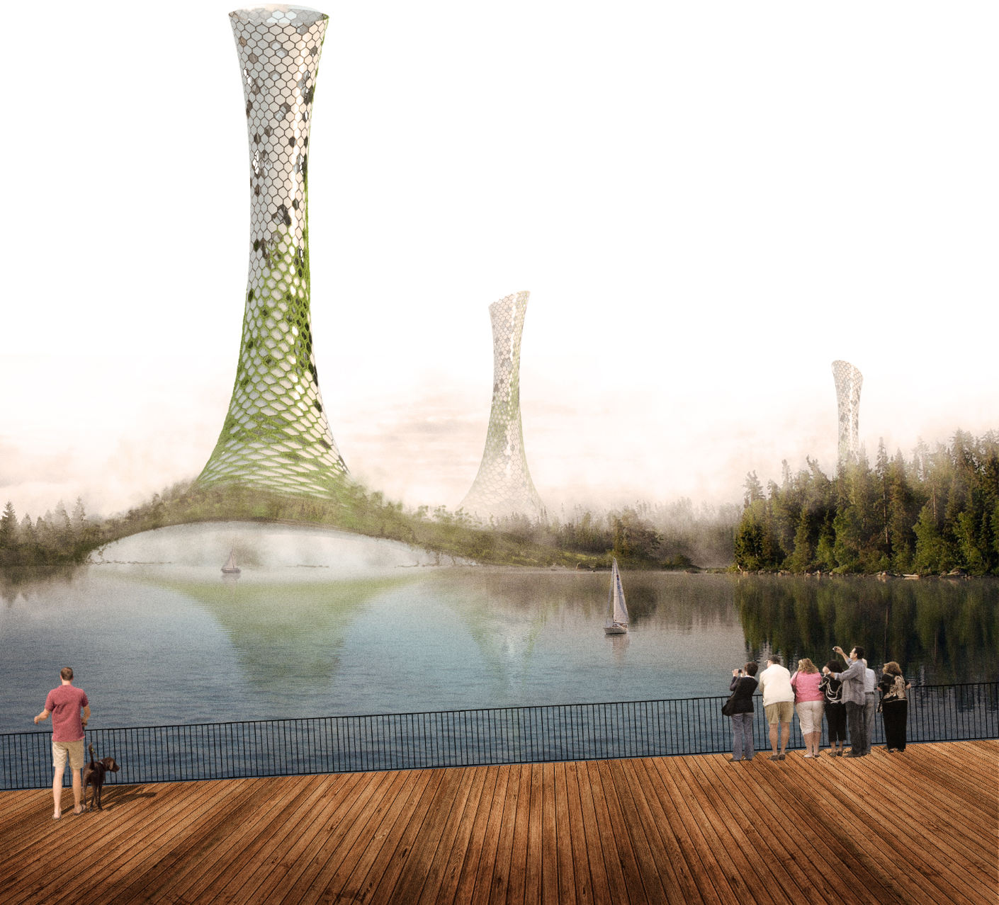A stunning visual of migratory towers blending seamlessly with natural landscapes and water bodies.