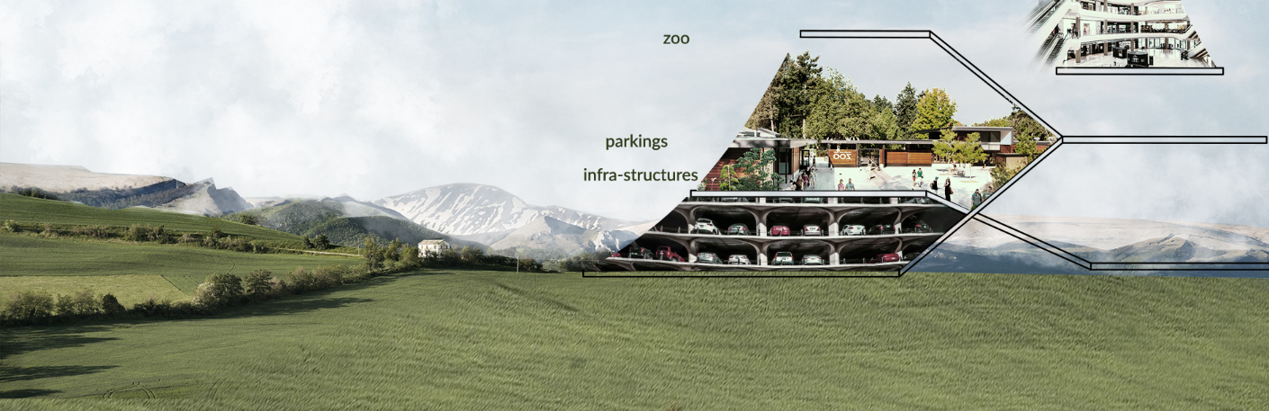 An intricate cross-sectional view of the tower's base showcasing parking, green spaces, and a zoo integrated into its foundation.