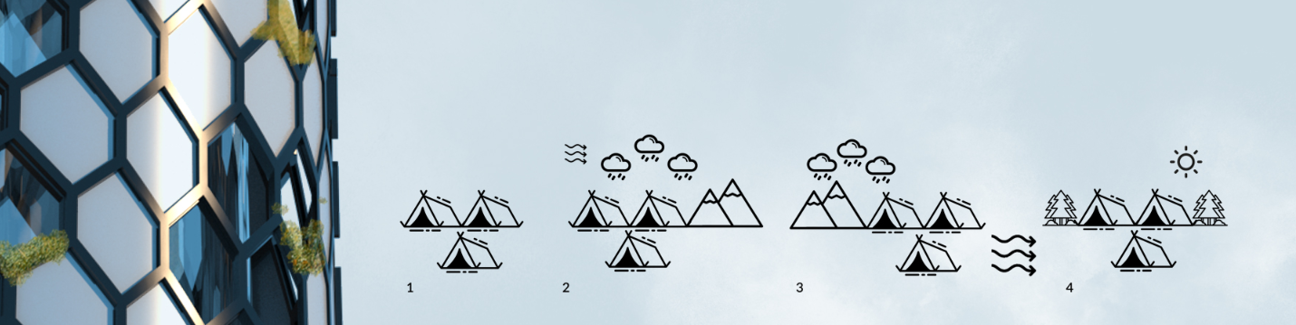 Illustrative diagrams representing humanity's historical migration patterns, inspiring the architectural concept.