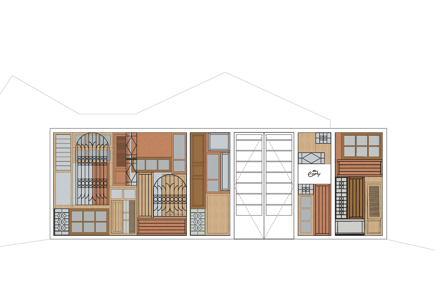 Front elevation drawing: the patchwork facade of salvaged elements within the gable frame