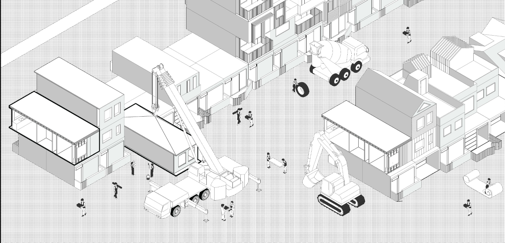 Construction axonometric showing a crane assembling modular units on site, delivery trucks, workers, and different module types being placed to form the housing cluster
