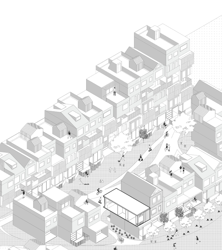 Neighbourhood axonometric: a cluster of varied modular houses arranged around a central open space with people, ground-floor shops, and a mix of building heights