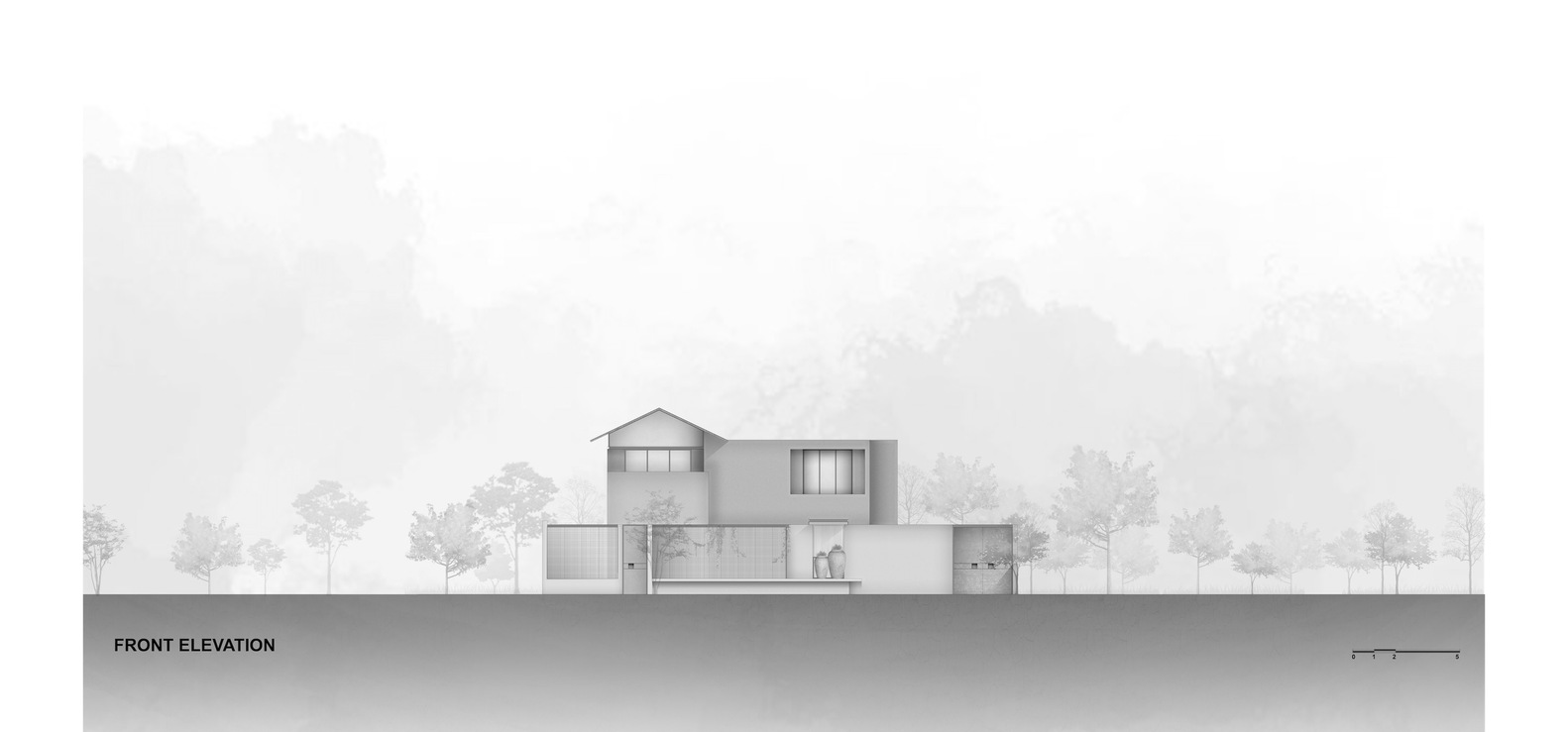 Front elevation drawing: two-storey concrete volume at left, single-storey wing at right, pitched roof, trees in the background