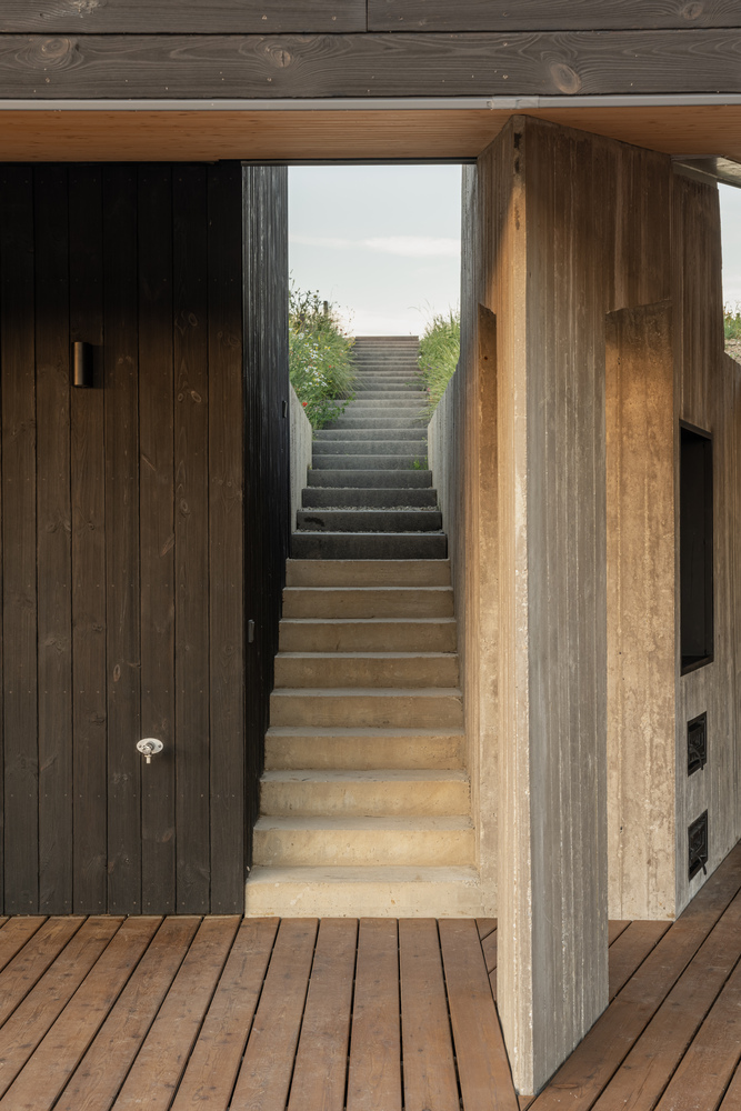 Concrete stair: from the deck up to the green roof, charred timber walls on either side