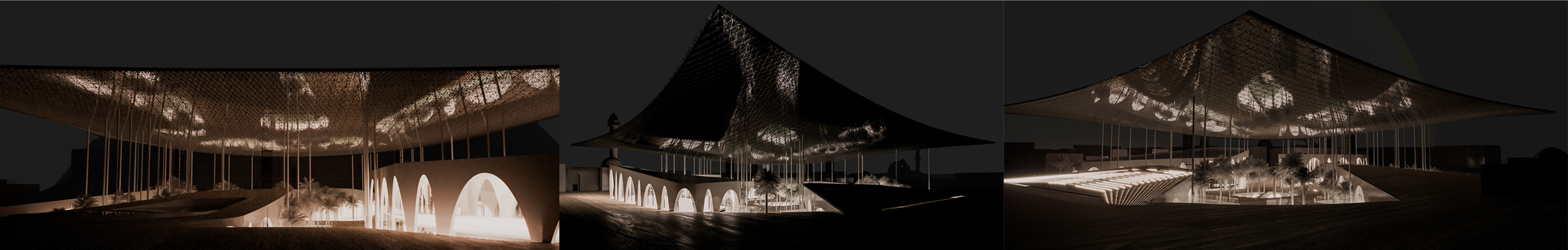 Nighttime visuals of the illuminated canopy and public spaces, creating an enchanting atmosphere.