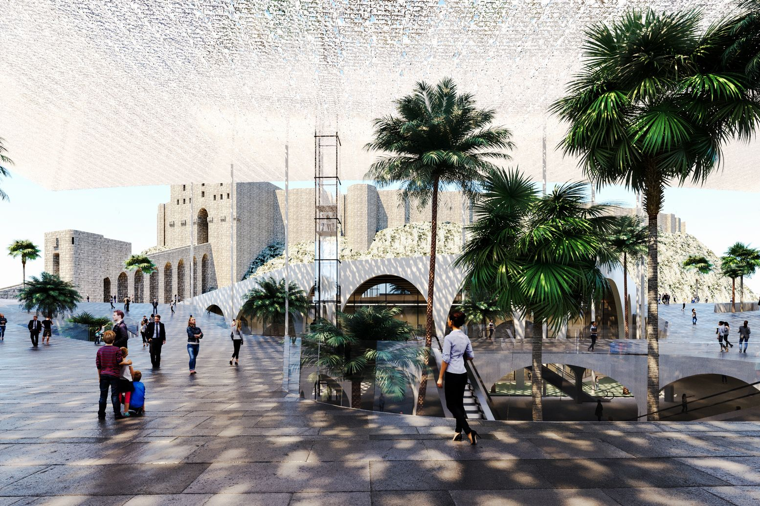 Daytime views showcasing the harmony of architectural elements, natural lighting, and vibrant public activity within the space.