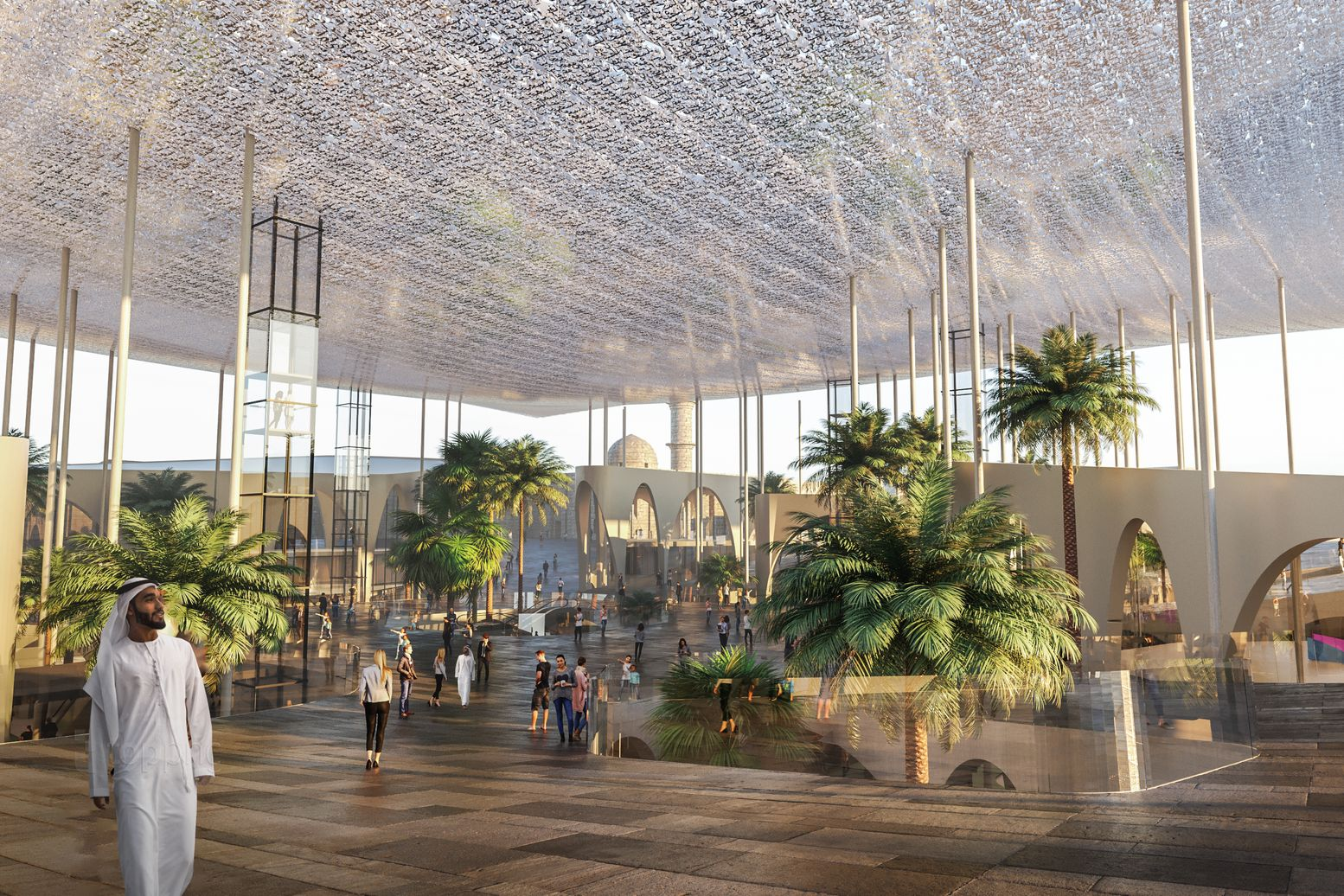 A serene public square with dynamic architectural elements, lush greenery, and natural light interplay.