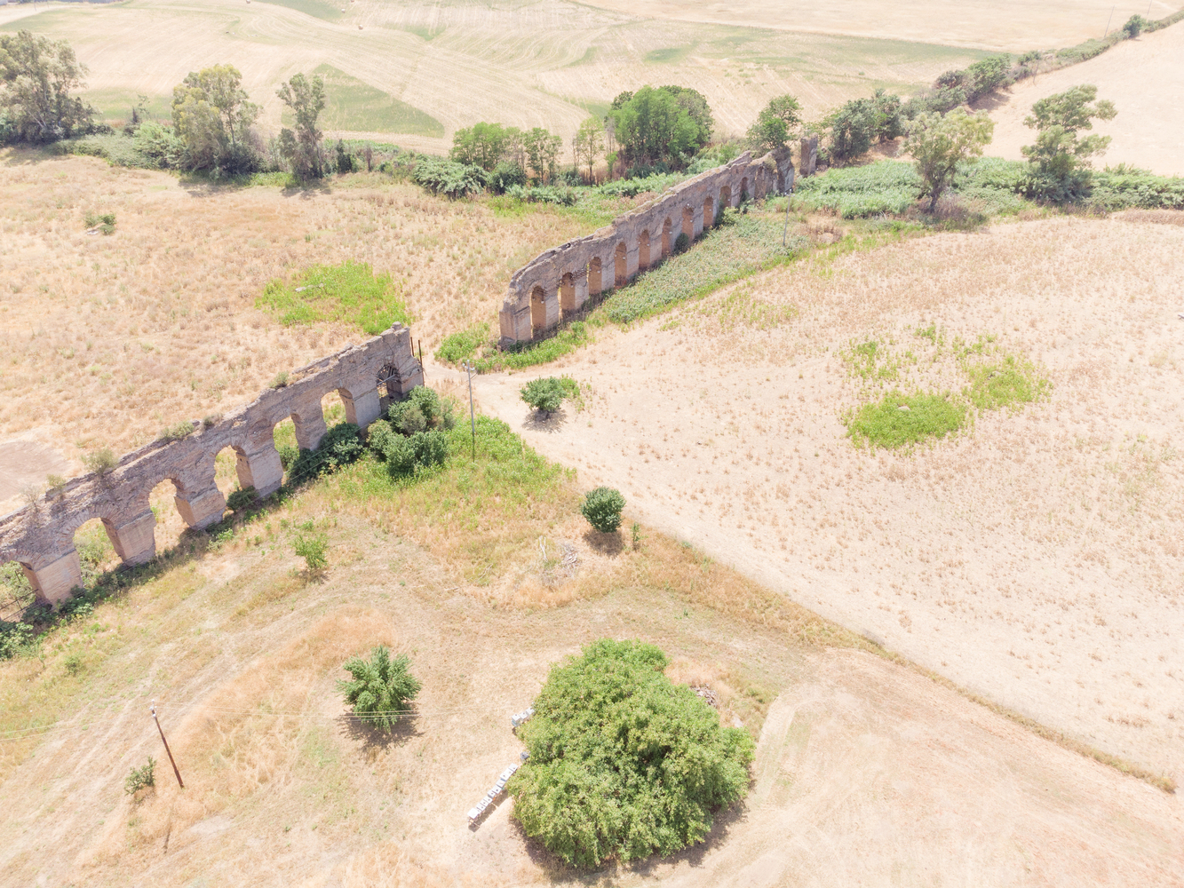 Aerial view of two ruined brick aqueduct walls cutting through cultivated farmland with scattered trees