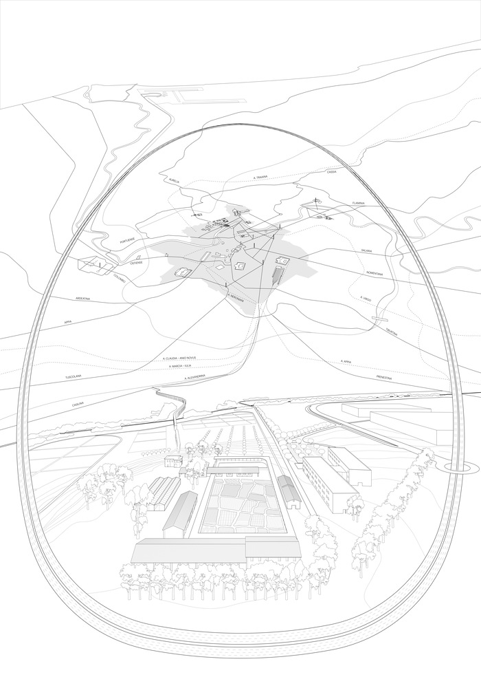 Axonometric drawing showing curved site boundary enclosing rectangular buildings with contour lines and landscaping