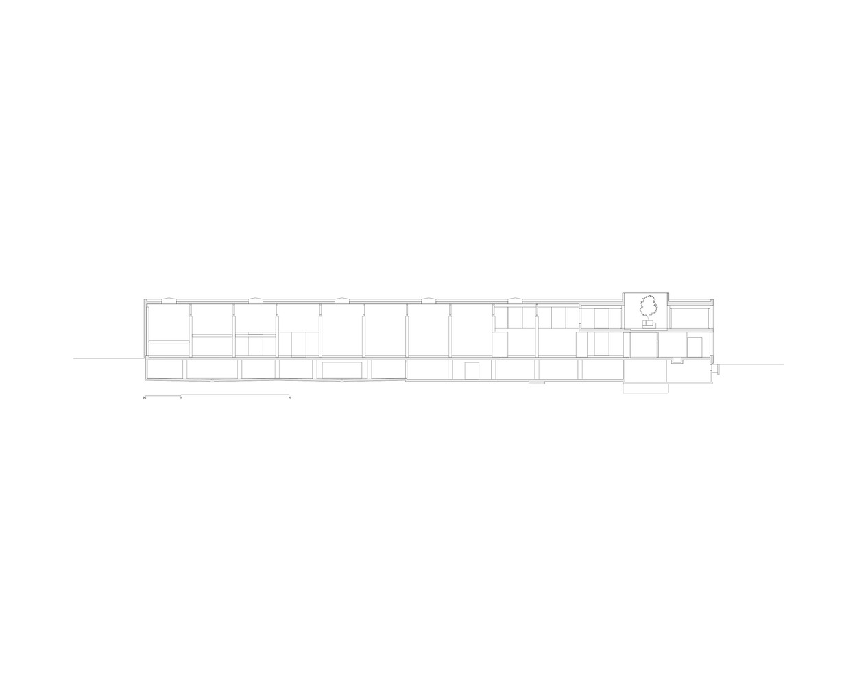 Section drawing showing the linear arrangement of spaces across multiple floor levels