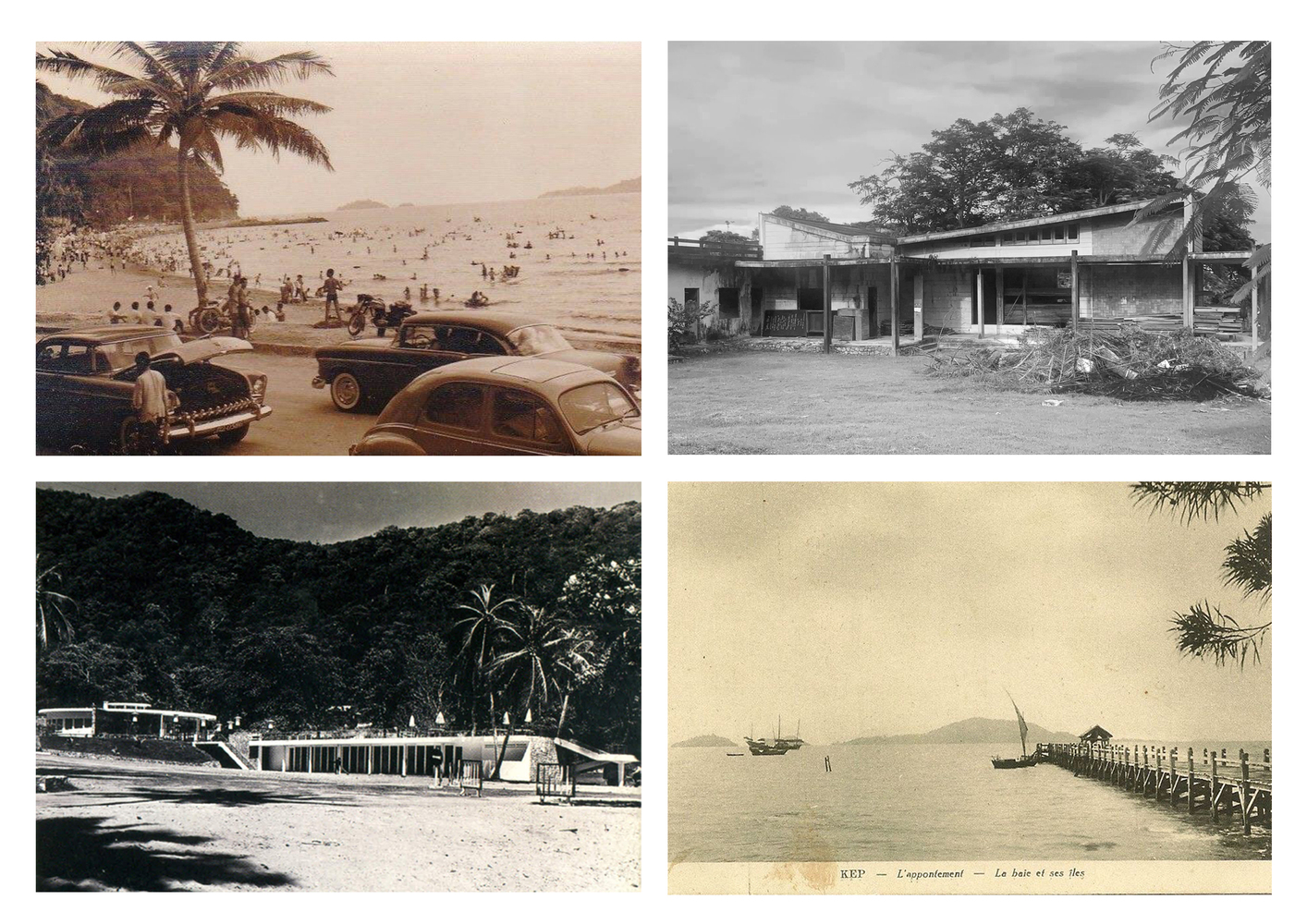Four archival photographs showing tropical beachfront scenes with palm trees and timber pavilions