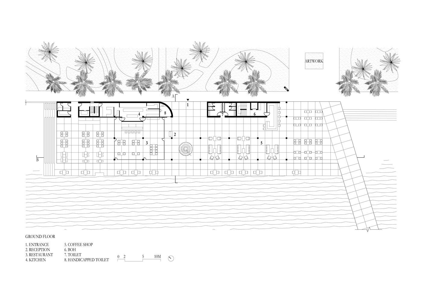 Ground floor plan drawing showing restaurant and coffee shop spaces with palm trees along the waterfront
