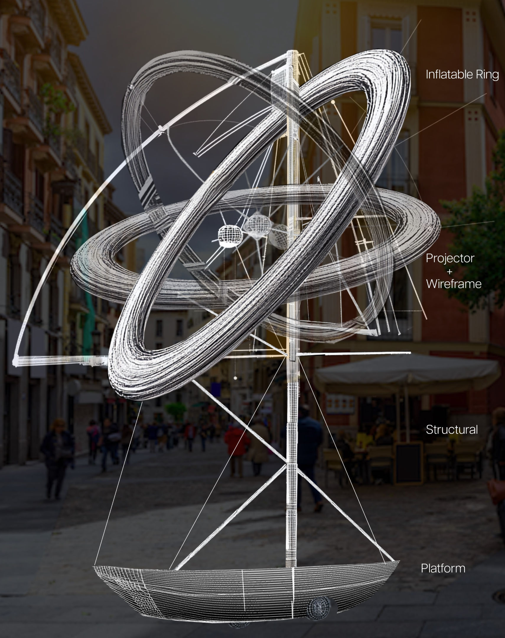 The Ringsail’s iconic inflatable ring and wireframe projector in action, blending modernity with functionality.