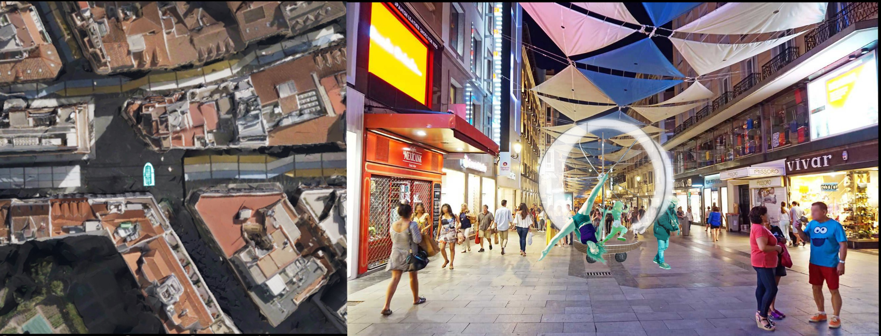 The central composition of the Ringsail in Calle Huertas, creating a hub for interaction and engagement.