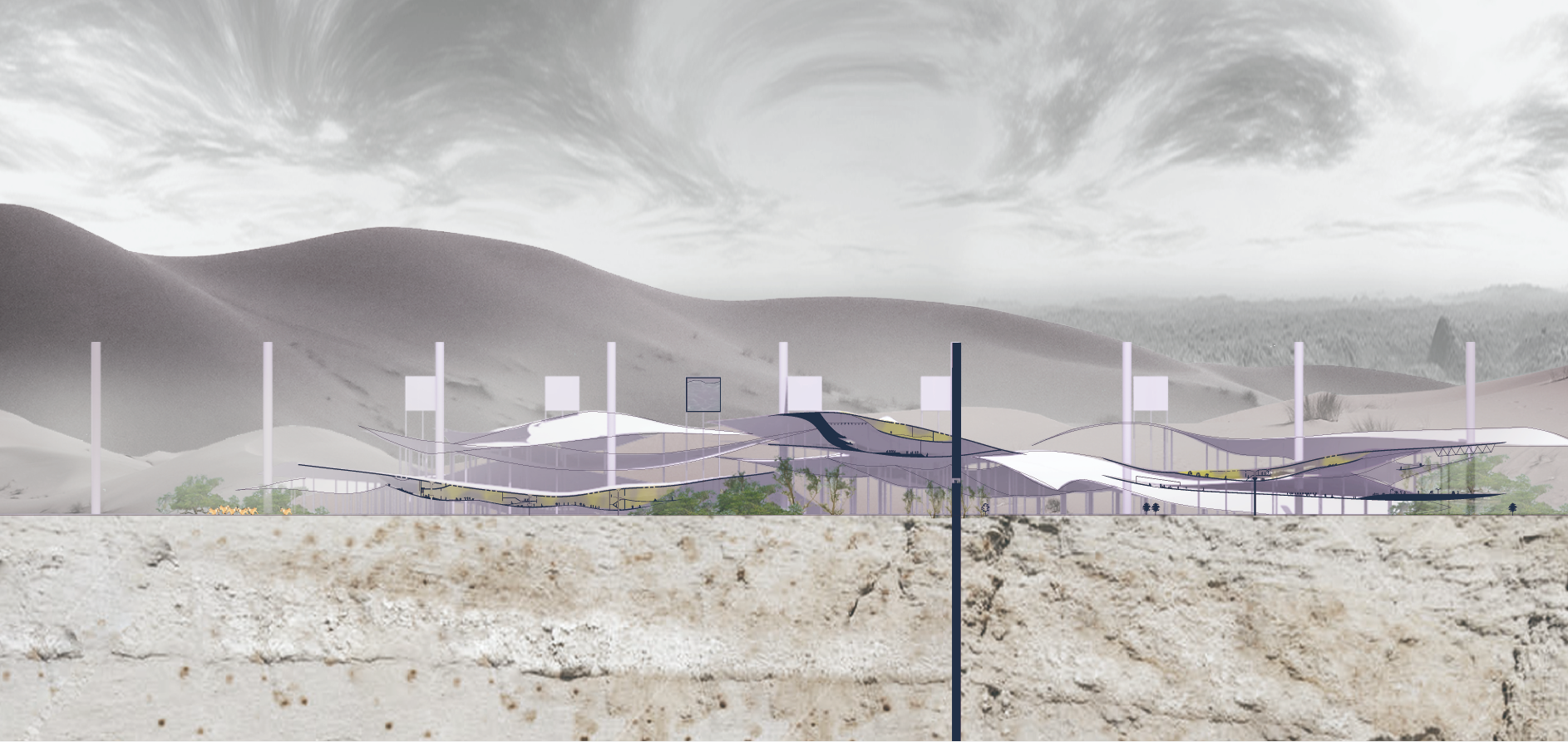 Sectional view of Nature Sprawl: Showcasing layered coexistence of human habitats and natural ecosystems in the Sahara.