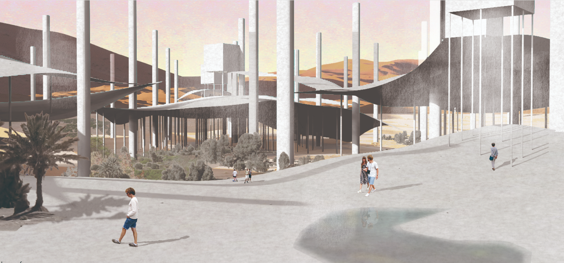 Exploring Nature Sprawl: A futuristic habitat blending human living spaces with preserved ecosystems in the Sahara.