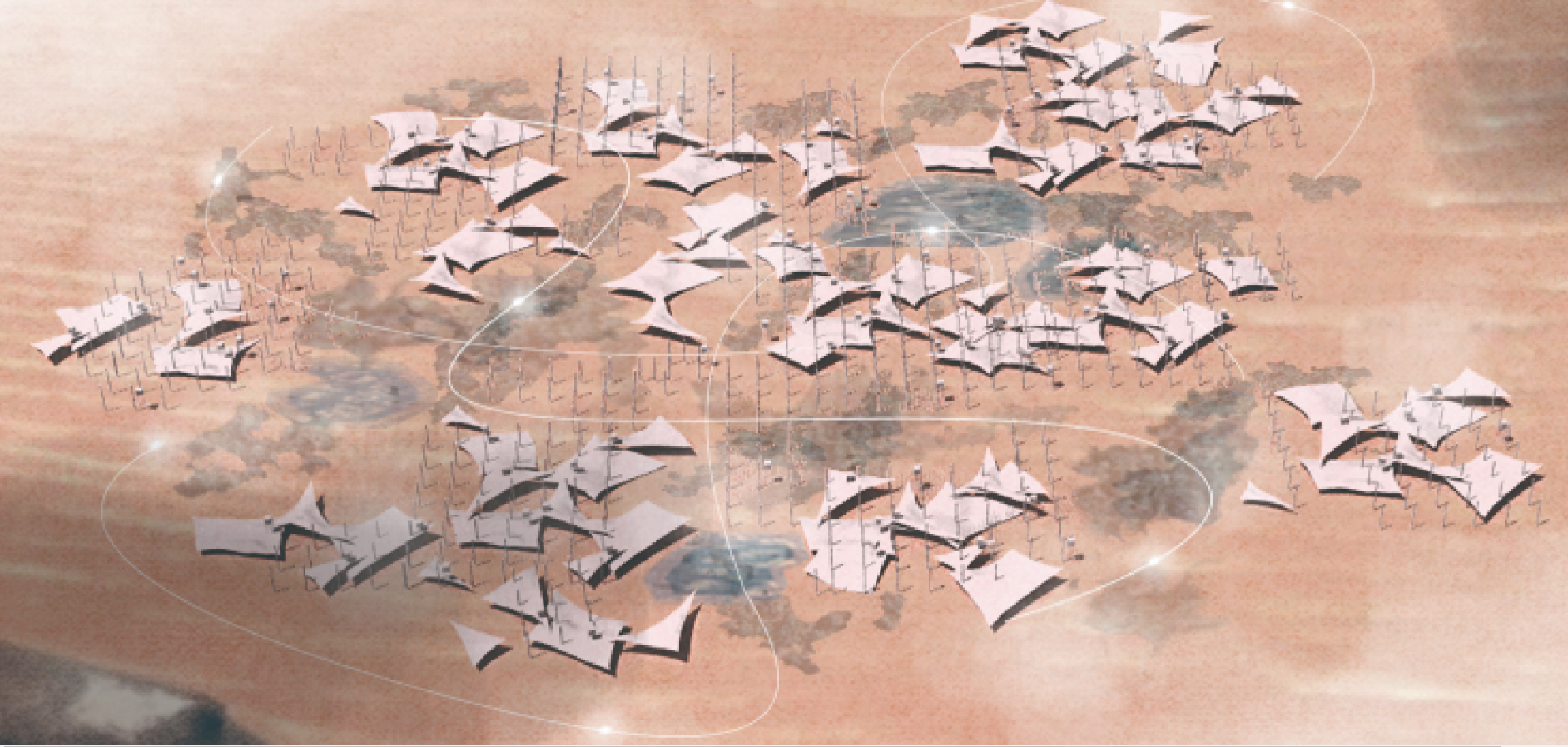 Nature Sprawl aerial view: A scalable and modular habitat ensuring harmony between human life and the desert's natural ecosystems.