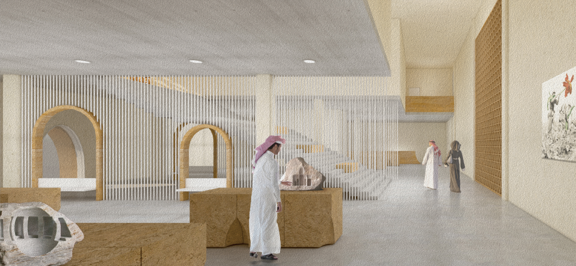 Exhibition hall interior: Showcasing cultural artifacts with an interplay of modern design and historical storytelling for immersive experiences.