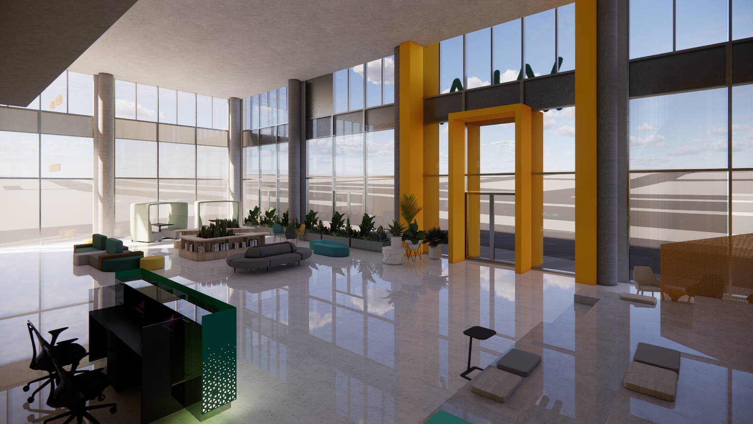 Vibrant Workspace: HALA's open-plan design seamlessly combines creativity and functionality with bold yellow accents and dynamic layouts.
