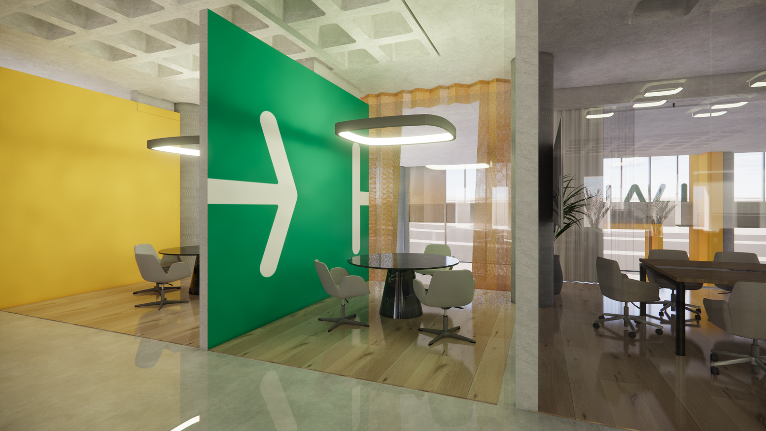 Vibrant, modular spaces offer flexibility for focused tasks or dynamic discussions.
