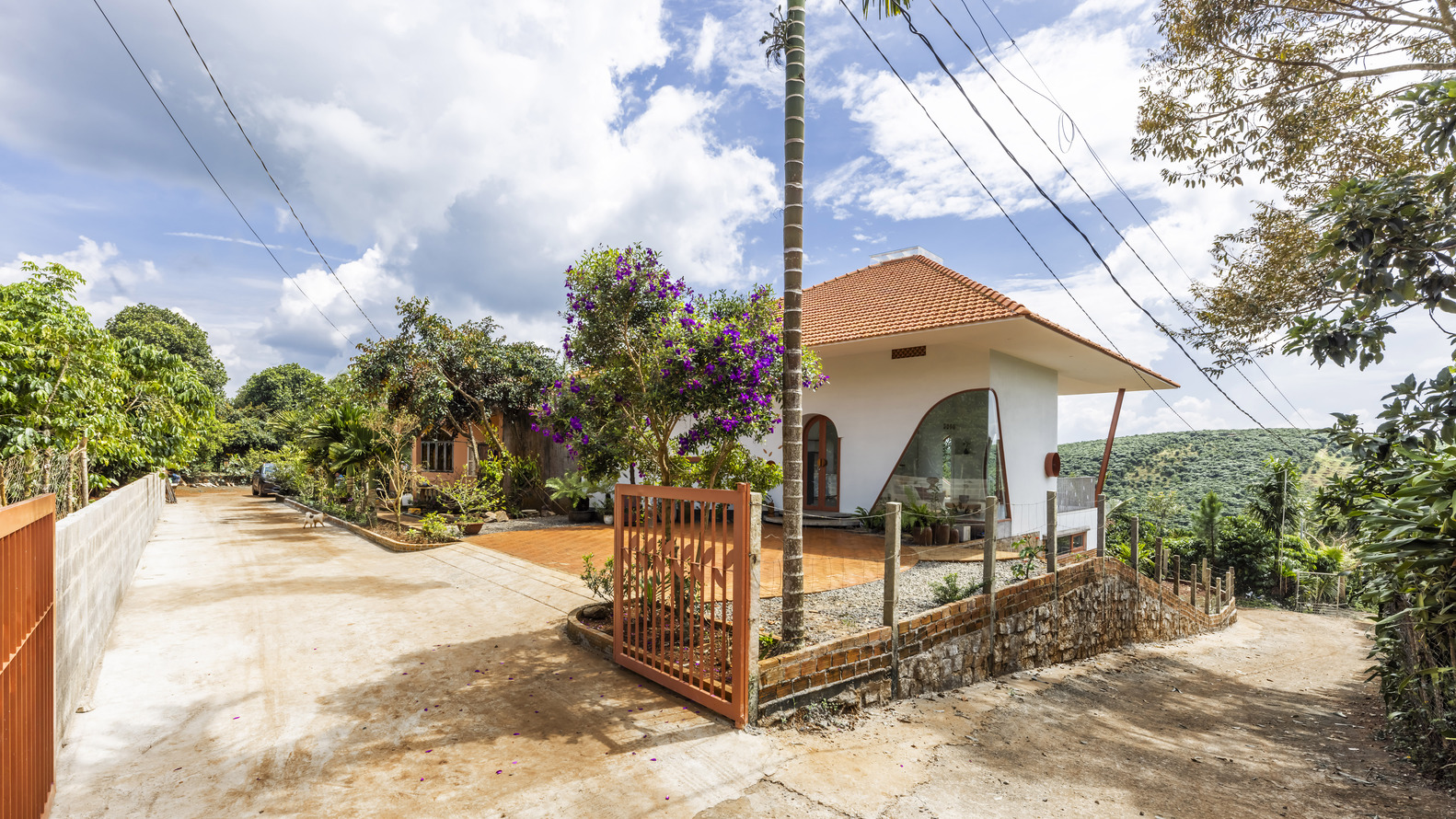 Street view showing the terracotta-tiled roof and curved facade with a timber gate under overhead utility wires