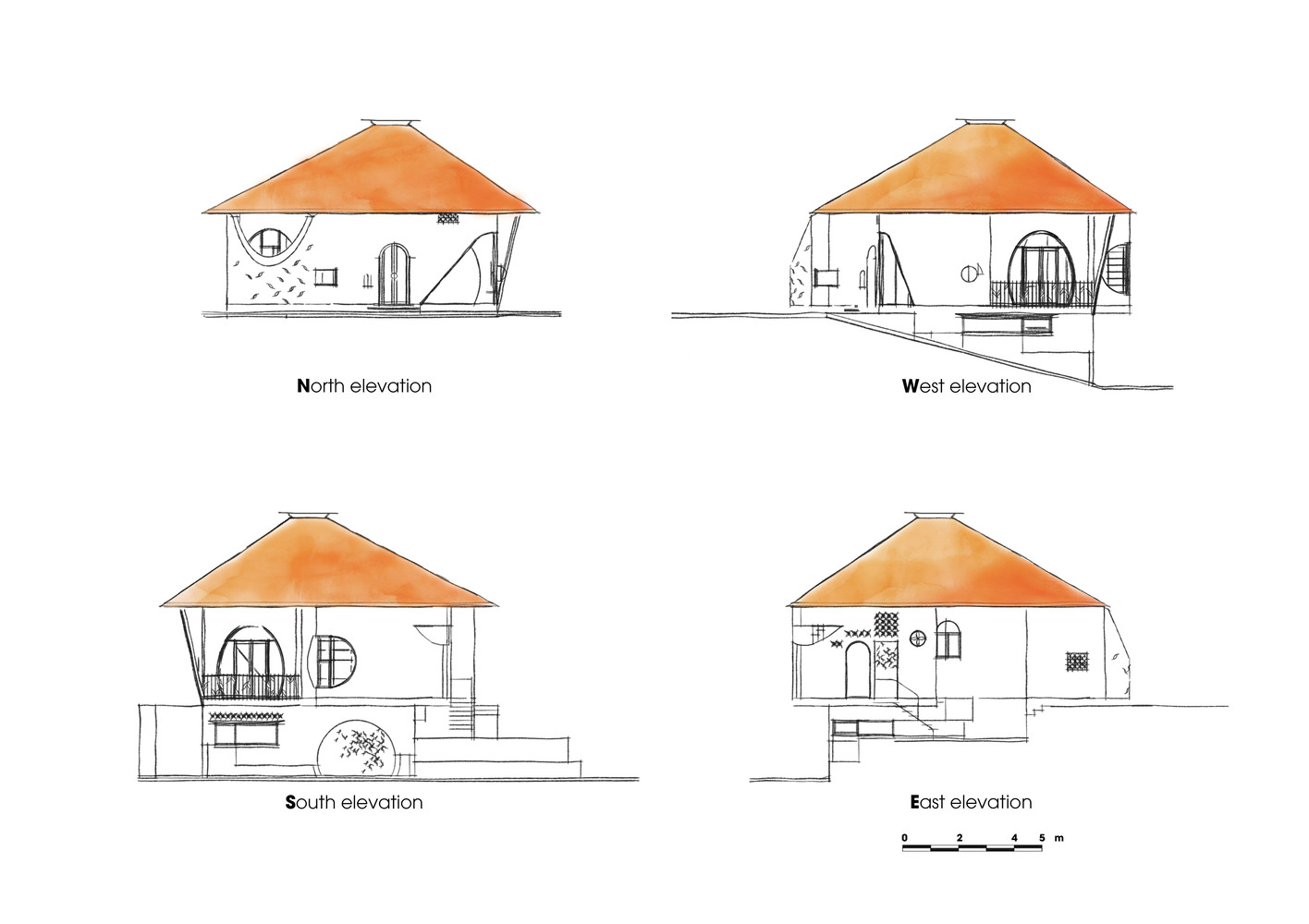 Elevation drawings showing four views of a pyramidal-roofed structure with arched openings and varied fenestration