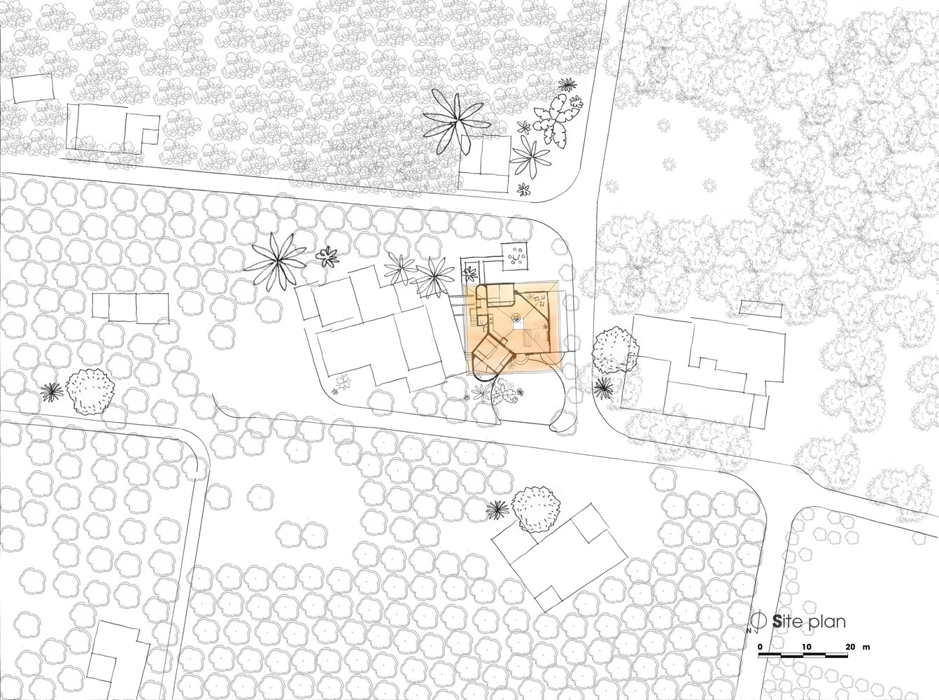 Site plan drawing depicting a building with angular geometry surrounded by scattered trees and neighboring structures
