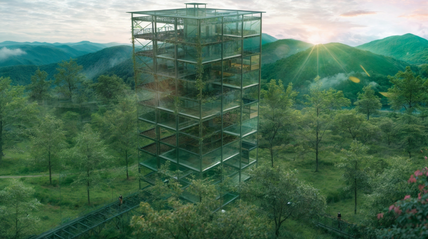 A modern architectural marvel integrating agriculture into urban spaces while preserving natural surroundings.