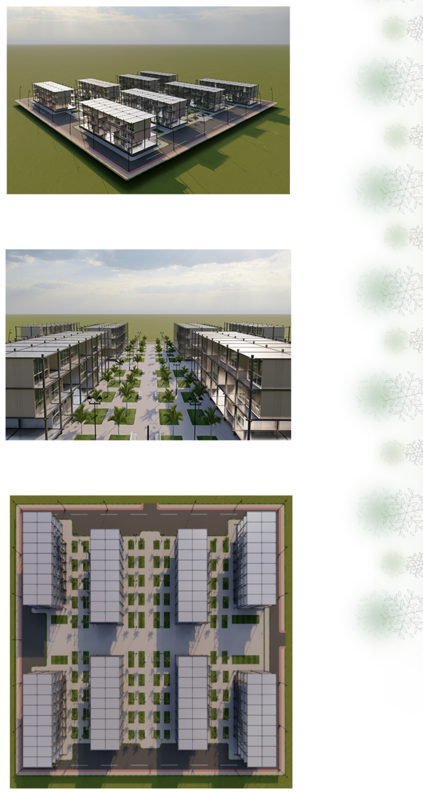 Site plan view showing rectangular housing blocks arranged in parallel rows with central courtyard spaces and landscaping