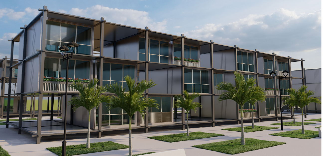 Facade showing modular housing units with corrugated metal panels, steel columns and planted palms under cloudy sky