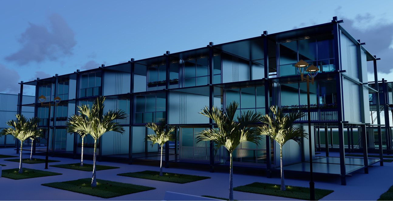 Three-story housing block with exposed steel frame and corrugated metal cladding illuminated at dusk with palm trees