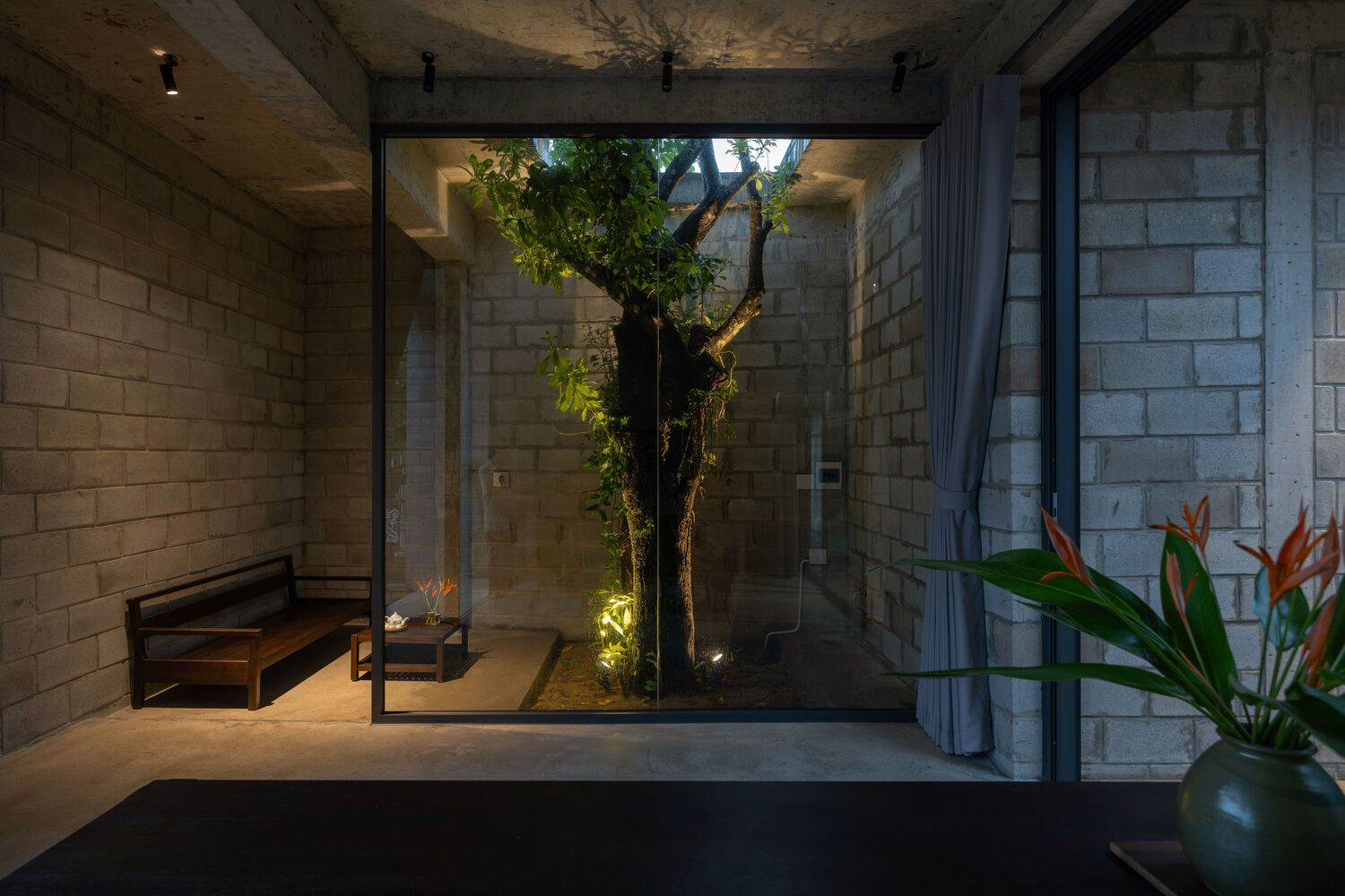 Interior courtyard with concrete block walls and preserved tree lit by uplights at dusk