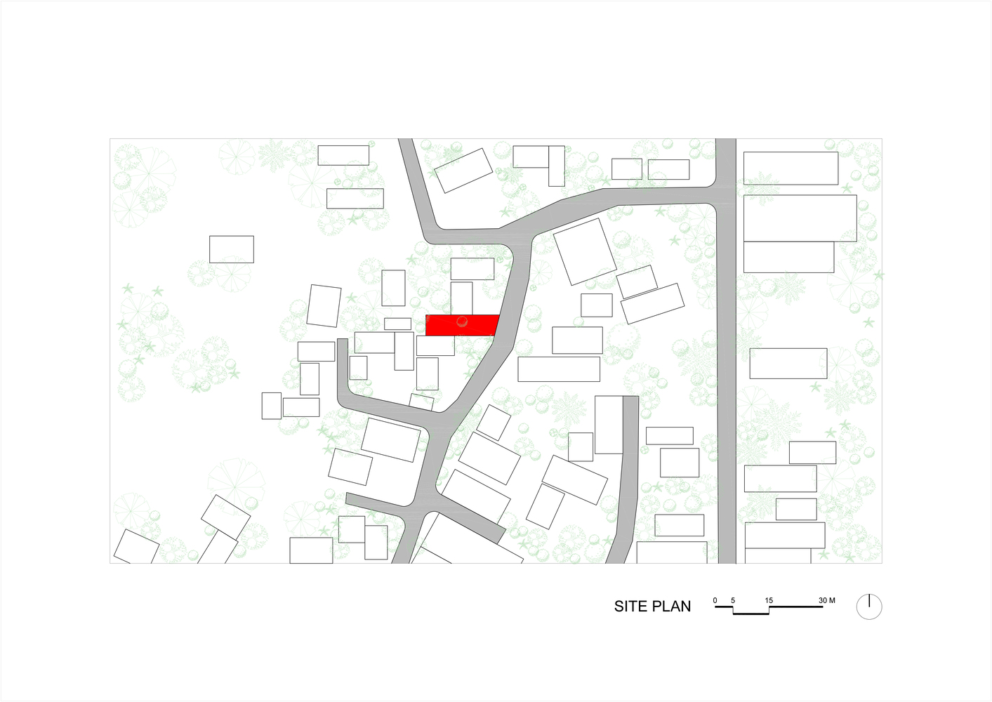 Site plan drawing showing a single volume highlighted in red among surrounding buildings and curving roads