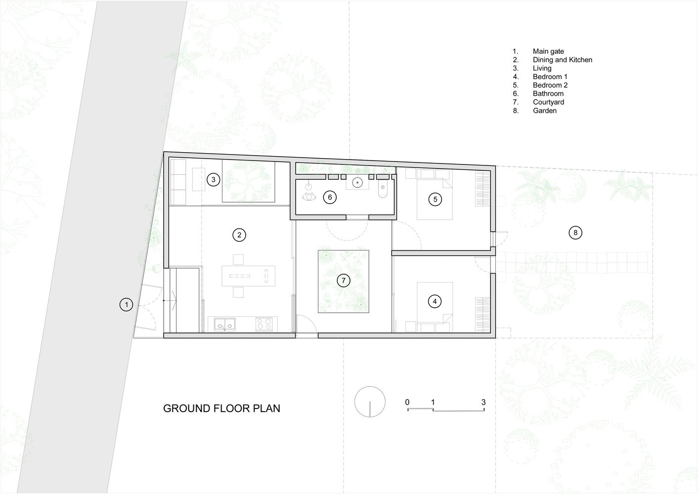 Ground floor plan drawing showing linear arrangement of rooms with central courtyard and numbered key