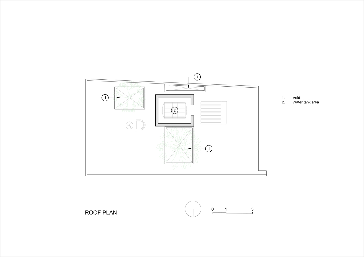 Roof plan drawing showing two voids and a water tank area with annotated labels