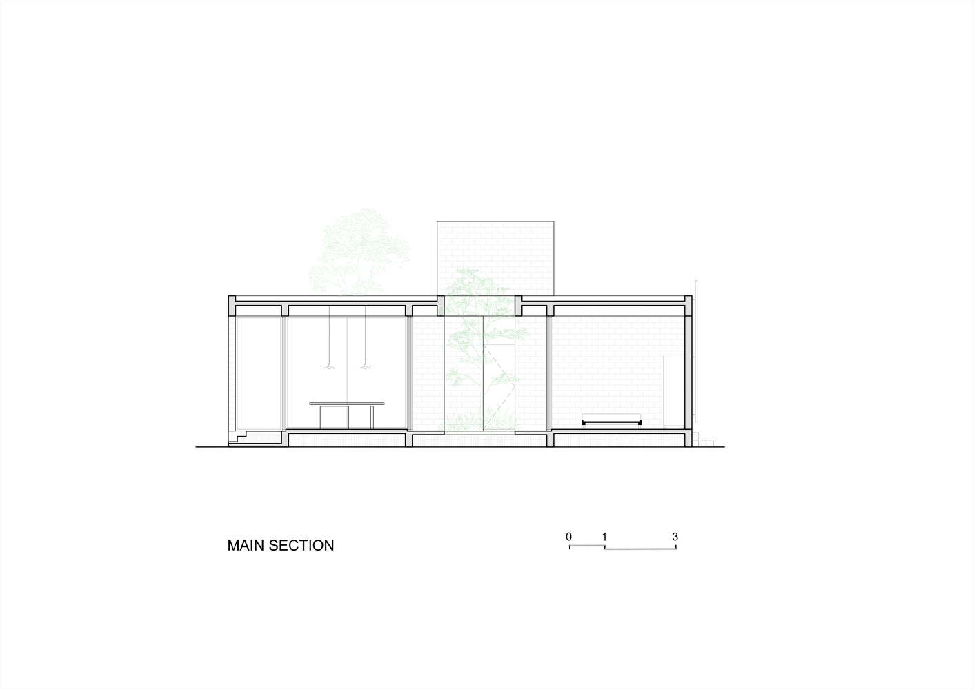 Section drawing showing interior volumes with a central tree courtyard and flat roof structure