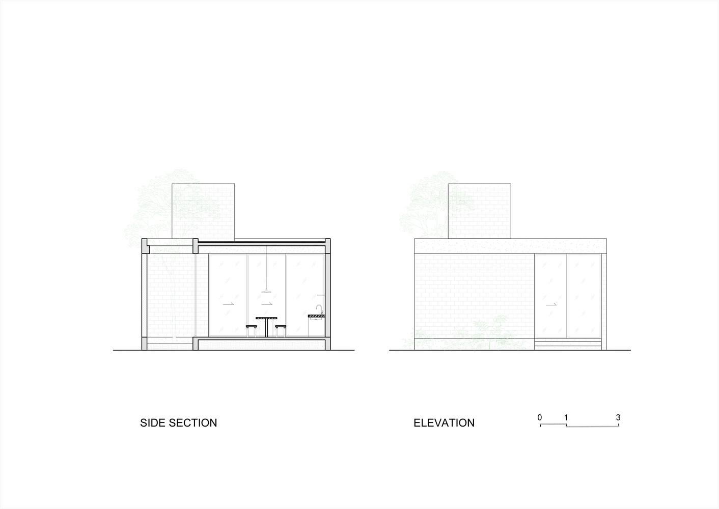 Side section and elevation drawings of a single-storey pavilion with clerestory volumes above