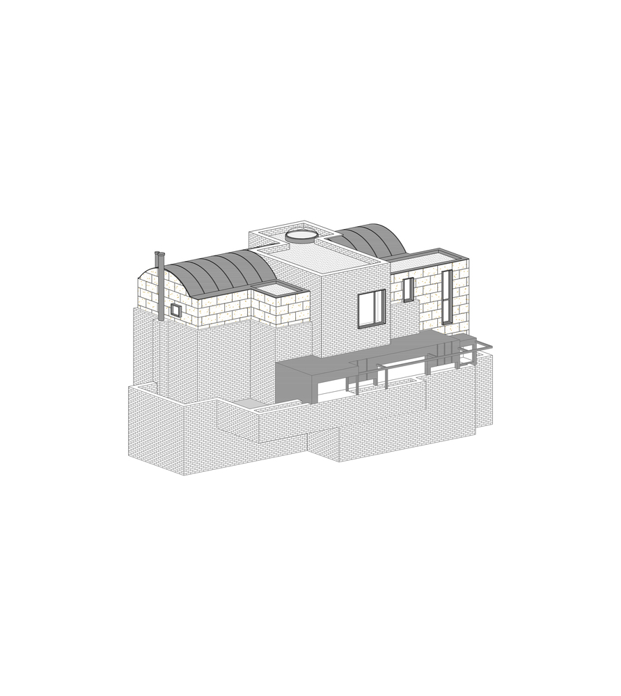 Axonometric drawing showing the building with added barrel vault roof and window openings revealed